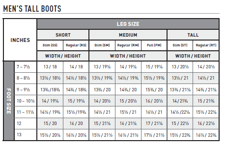 Ariat Contour Field Boot Size Chart