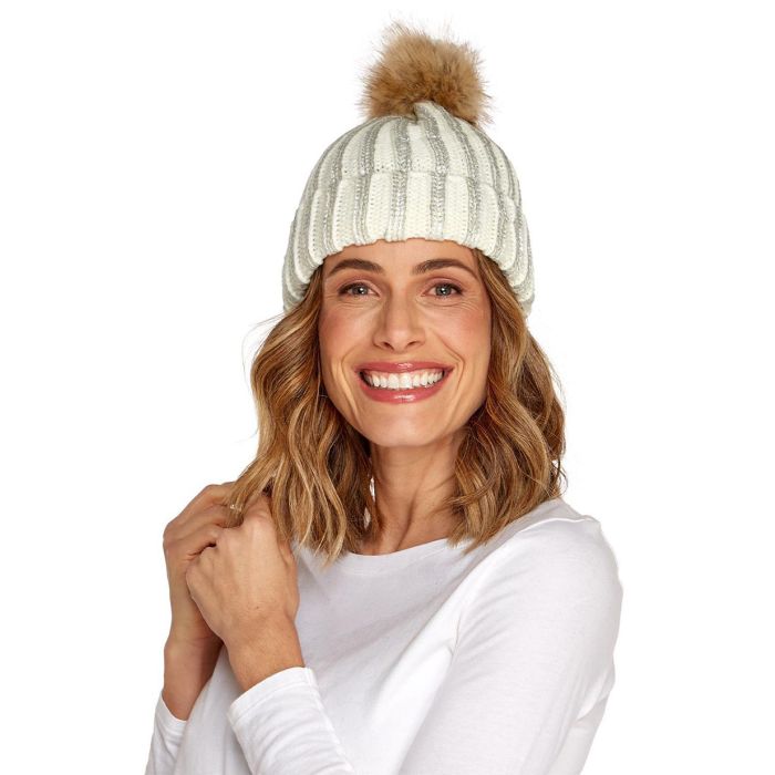 Two's Company Precious Metals Coated Metallic Knit Hat With Faux Fur Pom