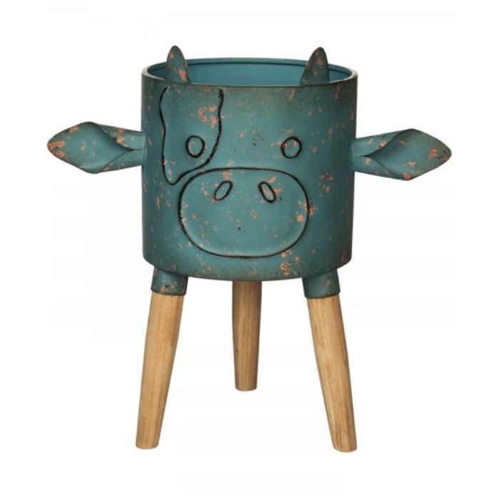 Metal Cow Planter With Wooden Stand