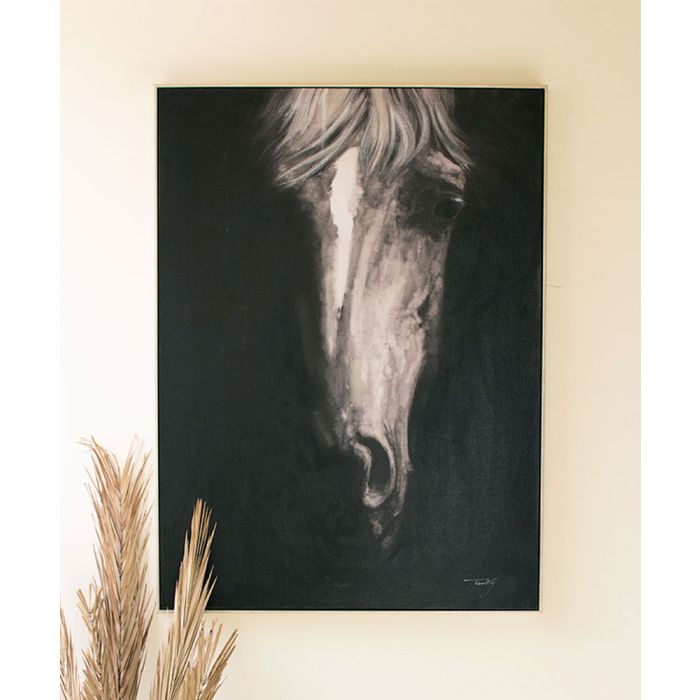 Kalalou Front View Black & White Horse Oil Painting With Silver Frame