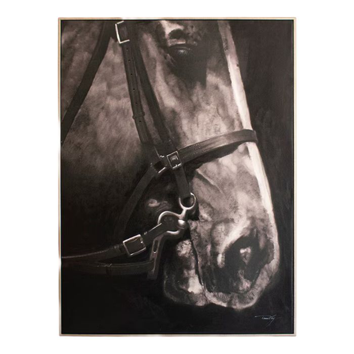 Black & White Side View Horse Acrylic Painting With Silver Frame
