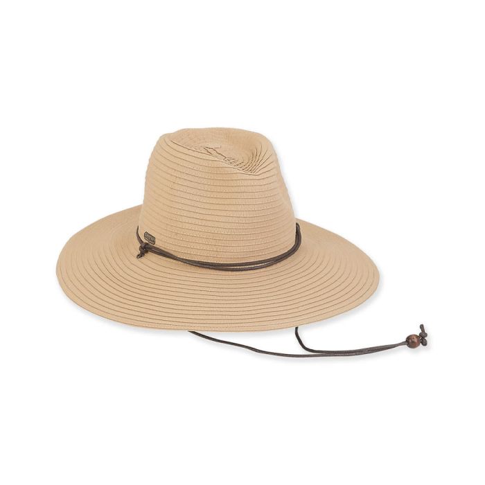 Sun N Sand Ribbon Hat With Faux Leather Trim & Chin Cord