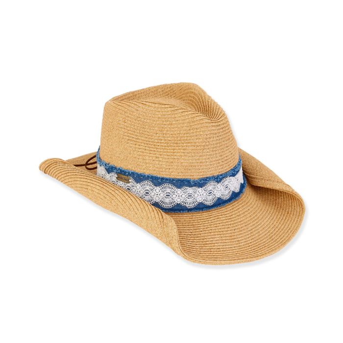 Sun N Sand Ladies Paper Straw Riiska Western Hat With Denim & Lace Trim