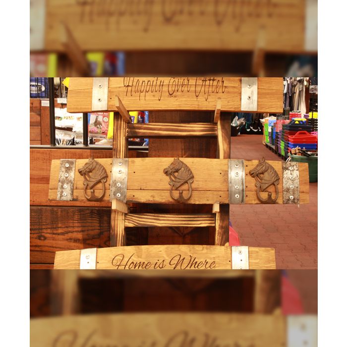 Whiskey And Wine Design Stave Medium Rack W/ 3 Horsehead Hooks - 28"