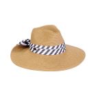Two's Company Ladies Paper Braid Turn Up Hat With Stripe Ribbon & 4" Brim