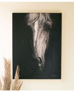 Kalalou Front View Black & White Horse Oil Painting With Silver Frame