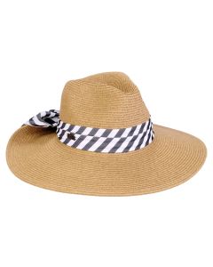 Two's Company Ladies Paper Braid Turn Up Hat With Stripe Ribbon & 4" Brim