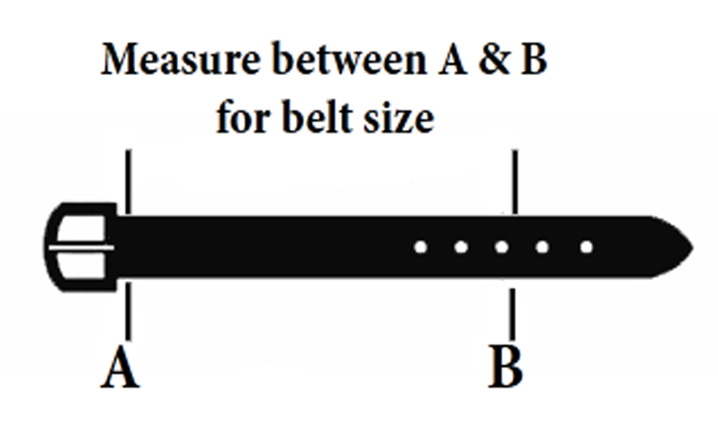 Measure between A (The base of the buckle) & B (The third hole in your belt) for belt size.