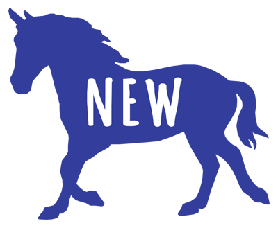 a blue horse with new written on it, links to page with new items