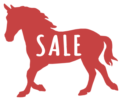 a red horse with sale written on it, links to page with sale items